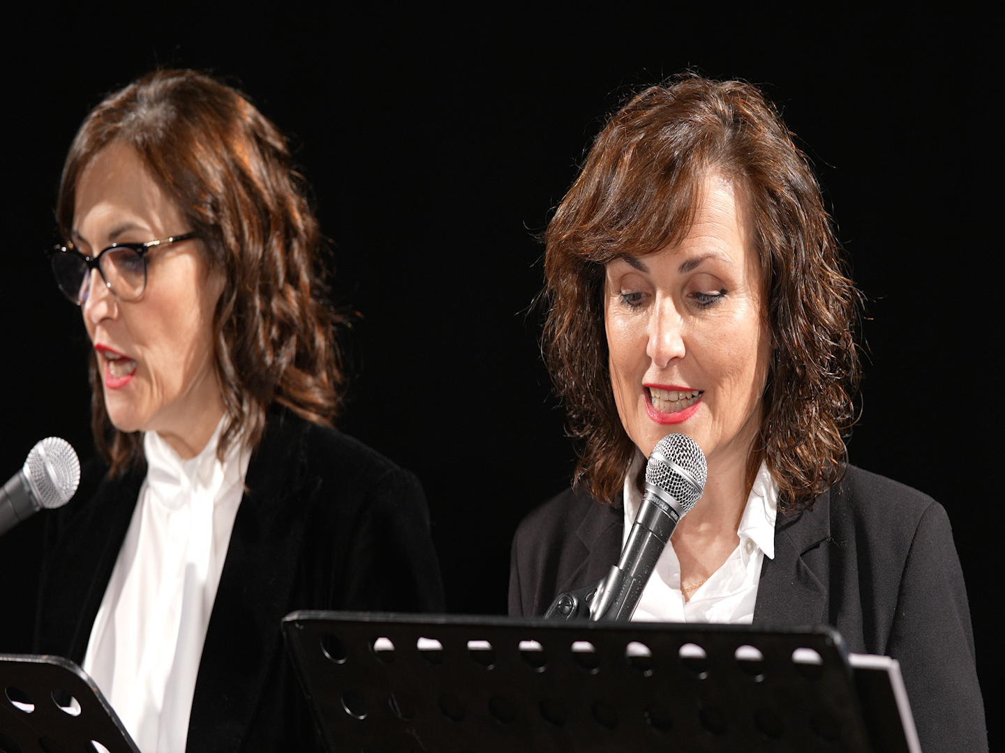 Dos cantantes interpretan frente a sus micrófonos